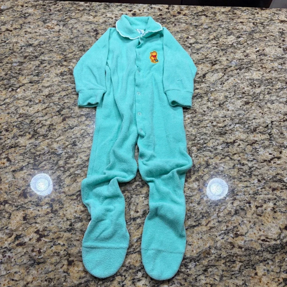 Vintage Bend n Stretch Winnie the Pooh Terry Cloth Footed Sleeper Seafoam Green